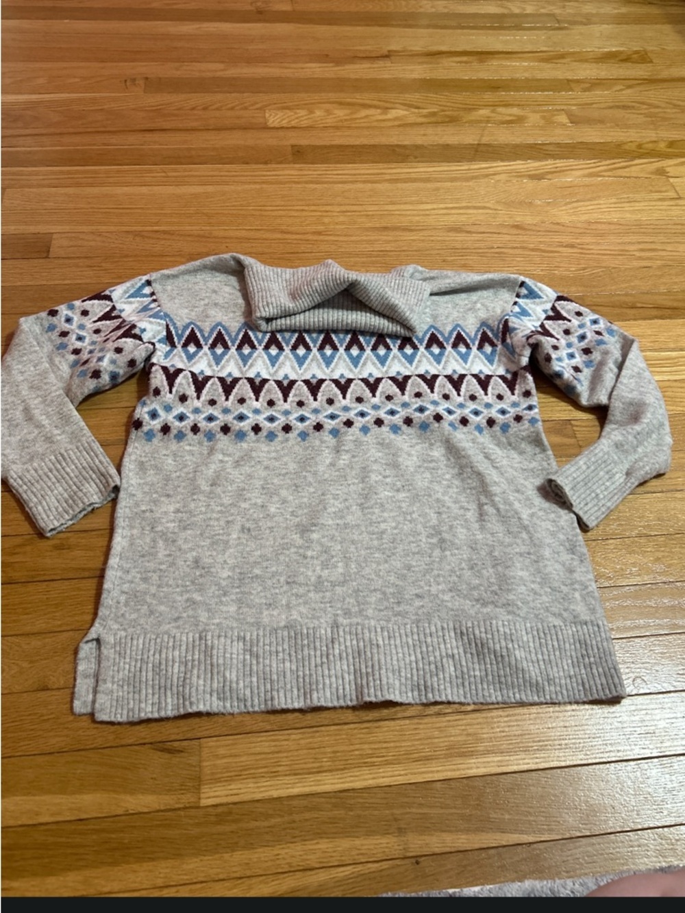 LOFT Gray Fair Isle Turtleneck Sweater with Blue and Burgundy Accents